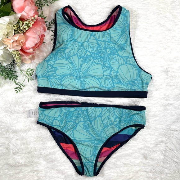 Eddie Bauer 3 Piece Set Reversible Girls Swimsuit Tankini Bakini Rash Guard Sz L - Picture 7 of 8